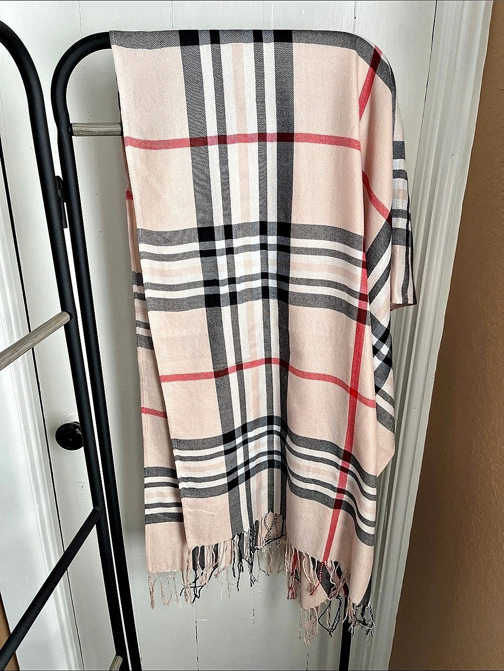 Pashmina tan, black, grey & red plaid shawl